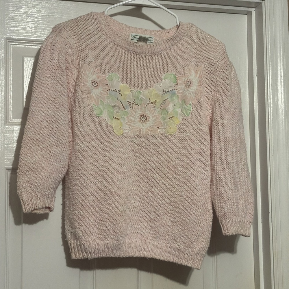 VINTAGE Women's Sweater Size Medium, Shenanigans, Embroidered Pink Sweater